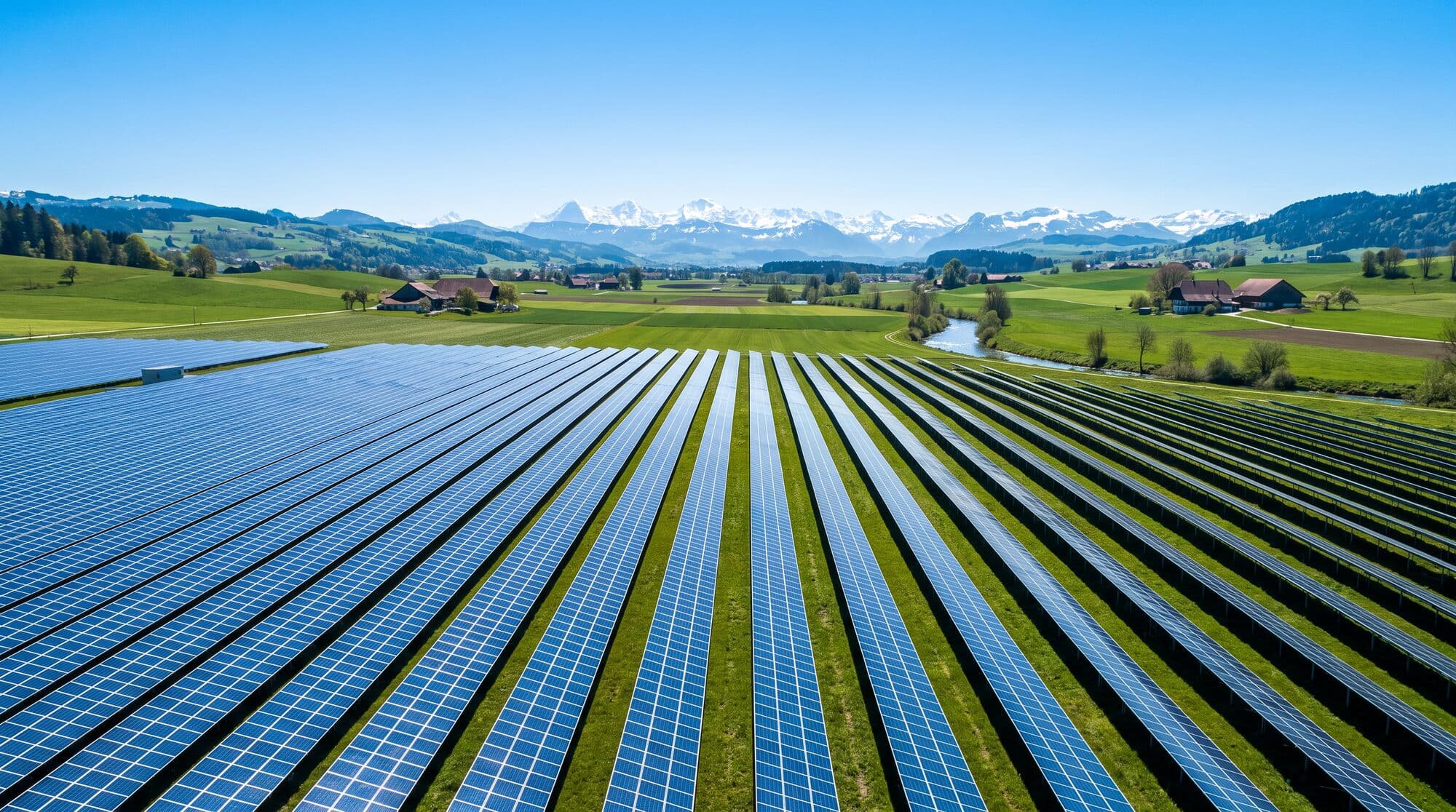 Weites Feld gereinigter Solarpanels in der Schweizer Landschaft