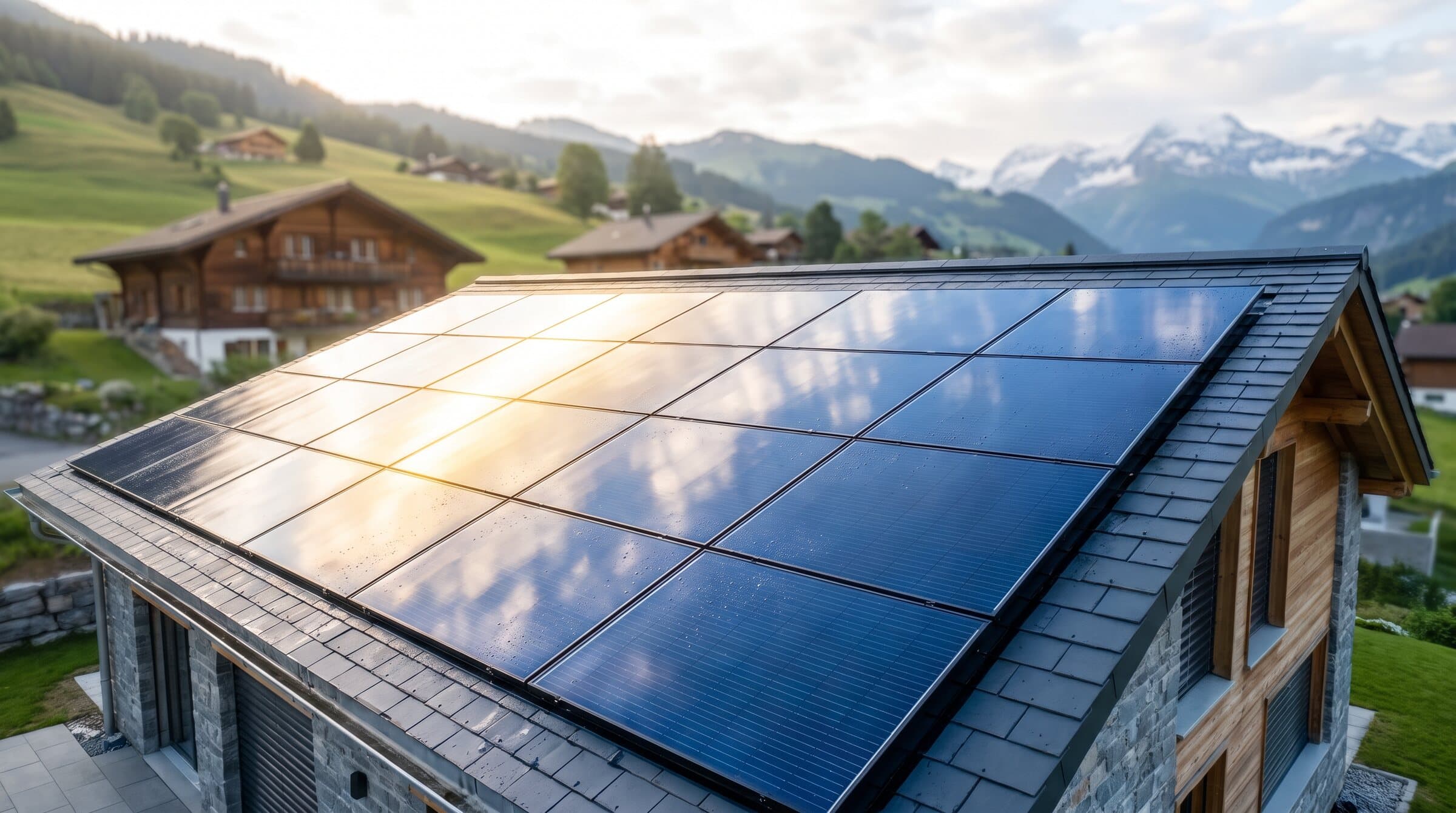 Frisch gereinigte, spiegelklare Solaranlage auf einem Schweizer Dach vor Alpenkulisse