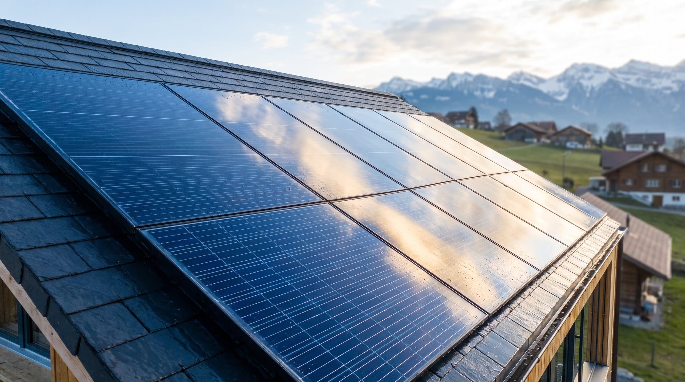 Gereinigte Solaranlage auf einem Schweizer Dach vor Alpenkulisse
