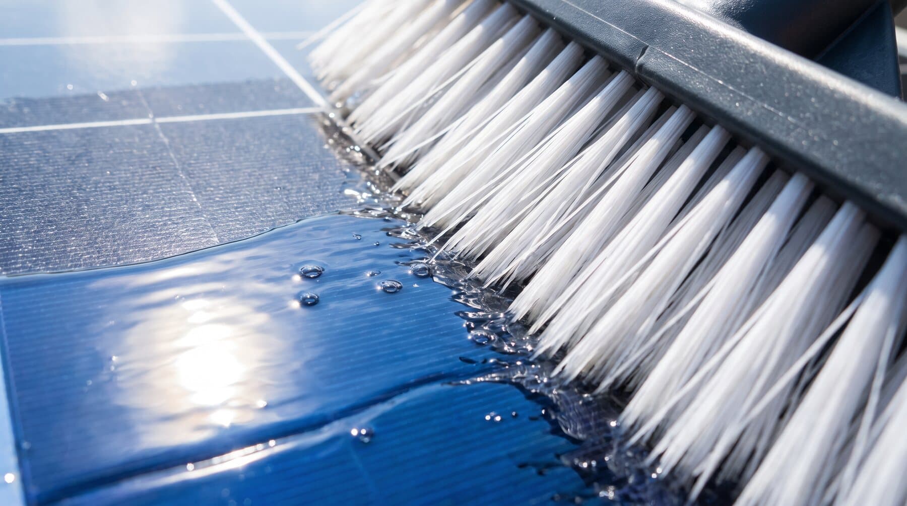 Nahaufnahme: weiche Bürste reinigt ein Solarpanel mit Wasser