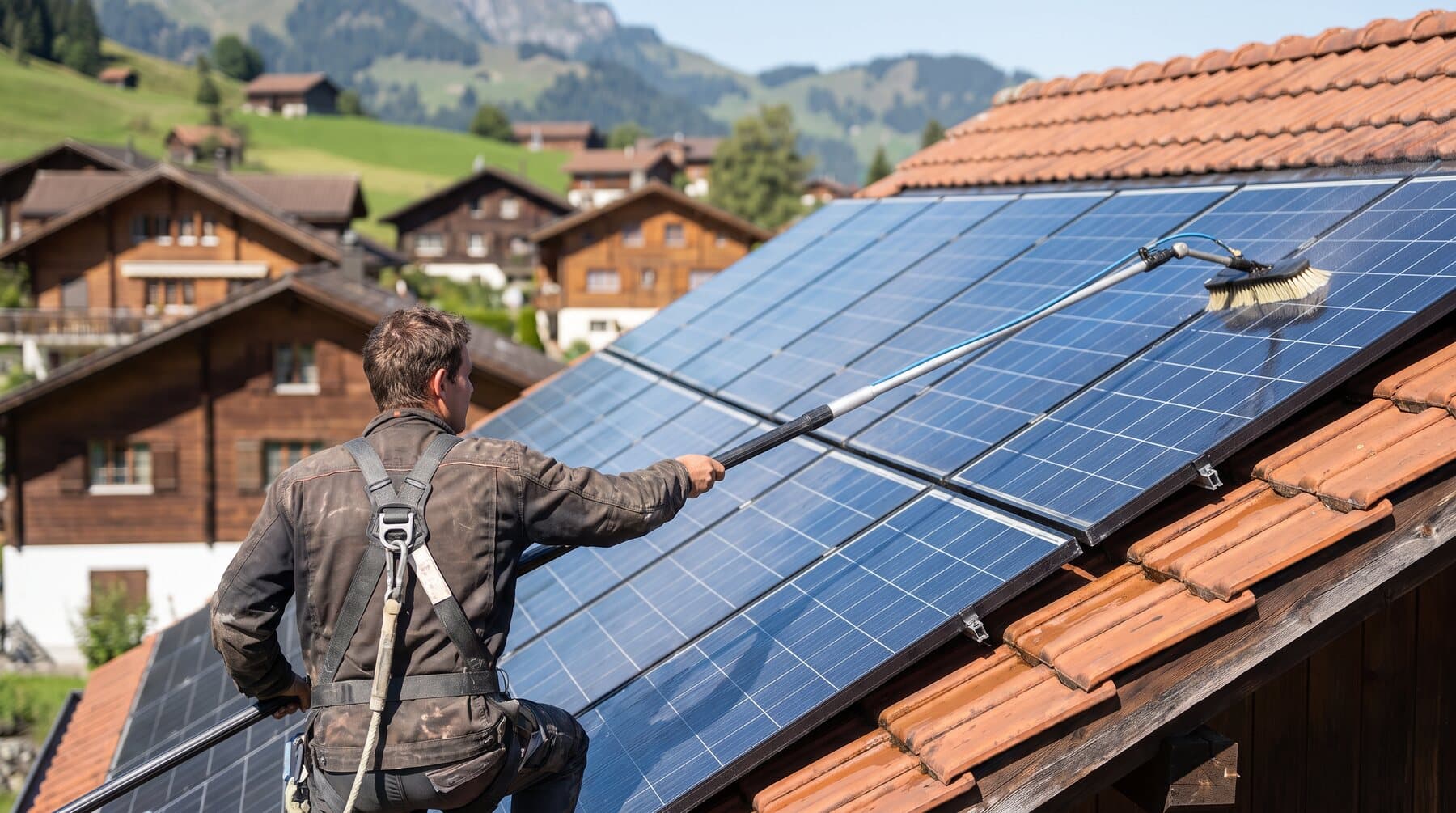 Reinigung einer Solaranlage auf einem Schweizer Einfamilienhaus