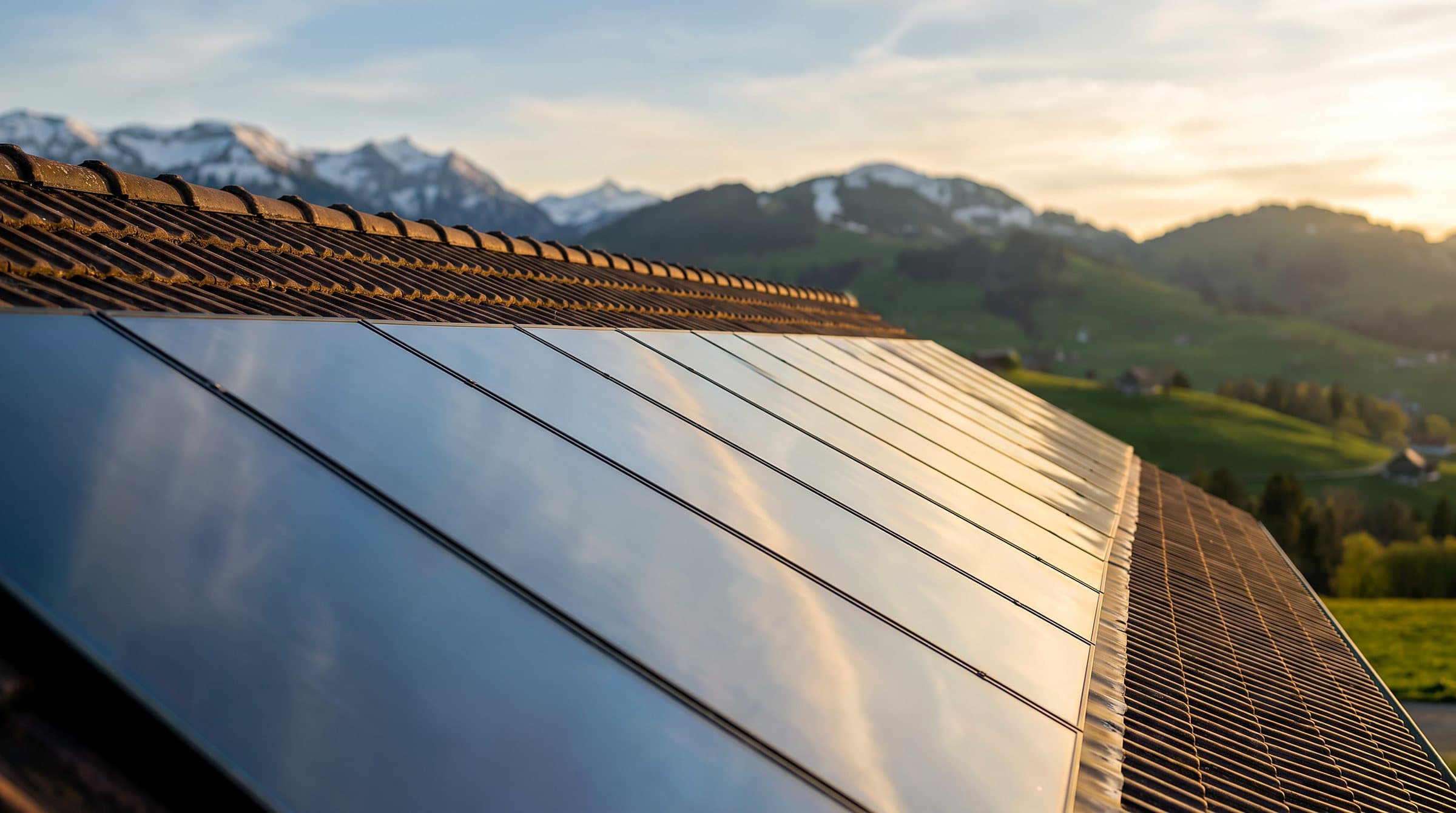 Frisch gereinigte, spiegelklare Solarpanels auf einem Schweizer Dach im Abendlicht